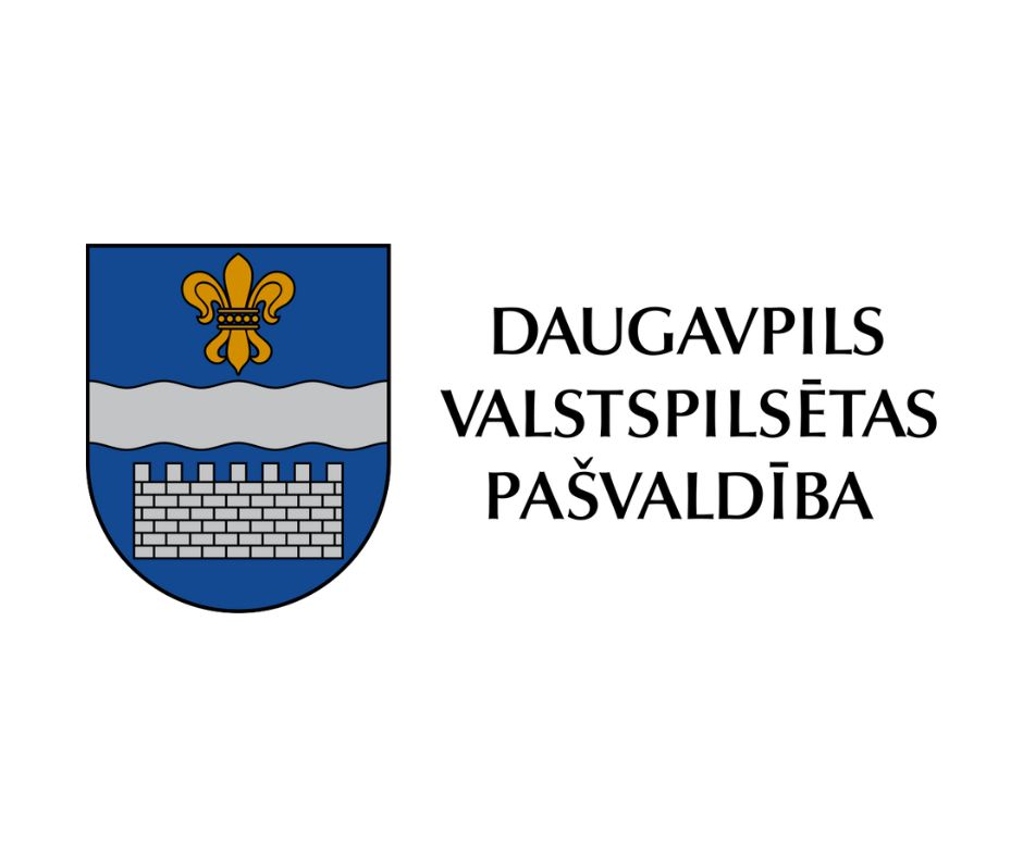 Daugavpils City Council logo featuring a blue shield with a gold fleur-de-lis and a stylized river design, representing local governance in Daugavpils, Latvia.