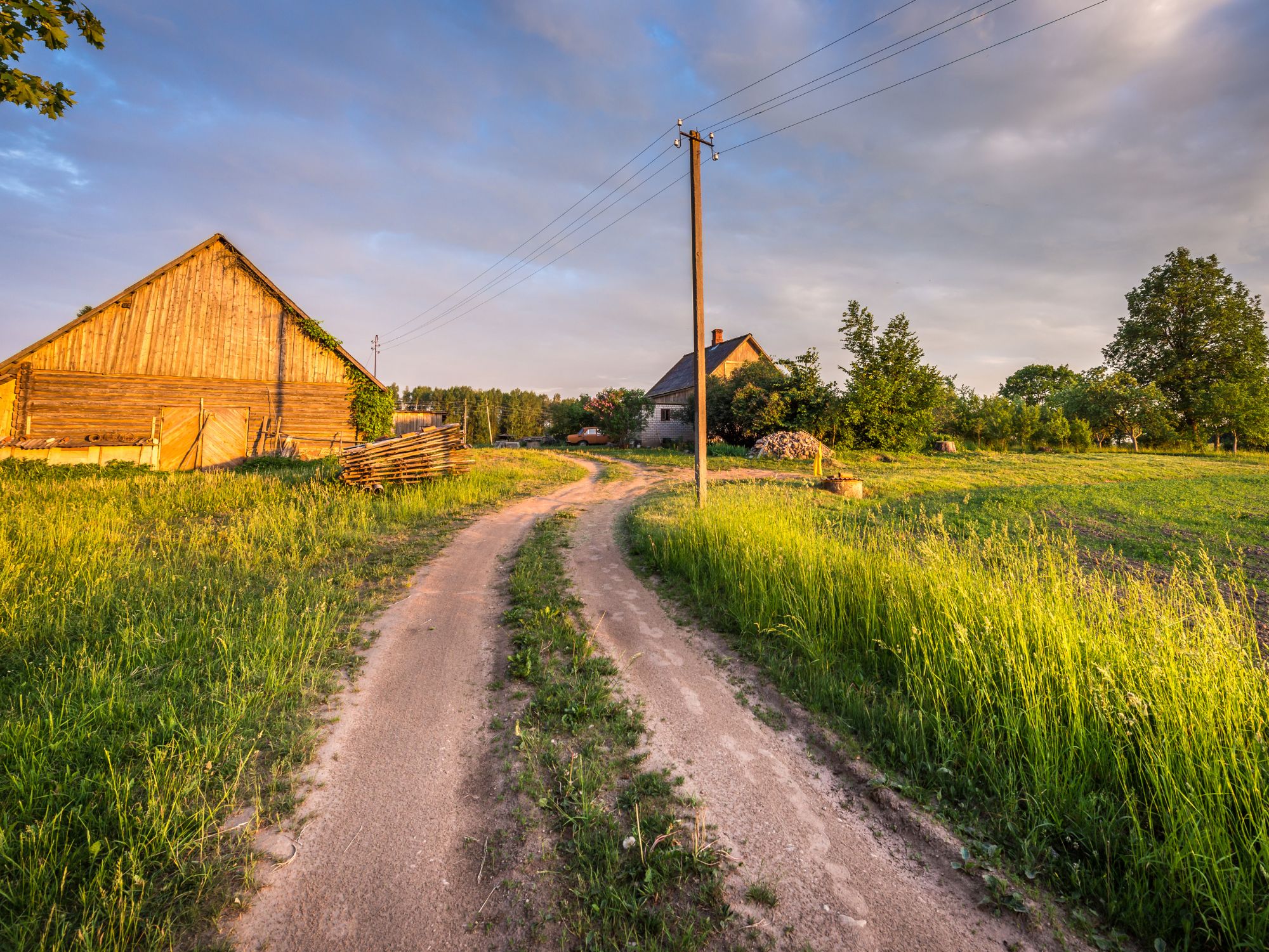 Dirt road winding through a lush green field, flanked by rustic wooden houses under a partly cloudy sky, showcasing a serene rural landscape.
